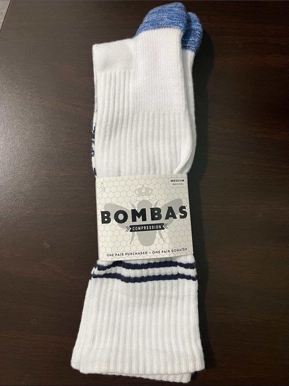 Bombas White Compression Knee Socks with Blue Accents